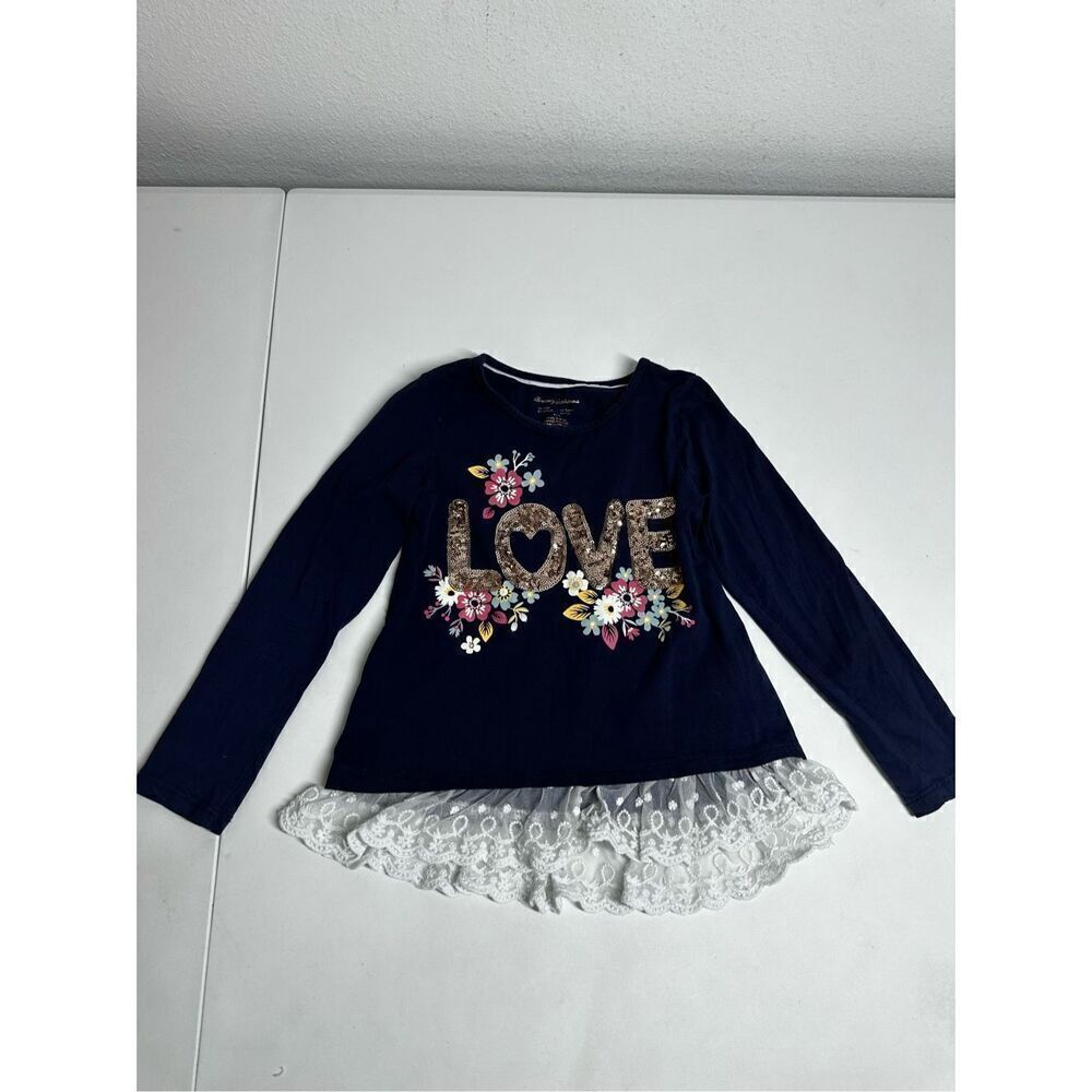 Tommy Bahama Girl's Love Sequins Long Sleeve Top in Navy Blue Size S 5/6